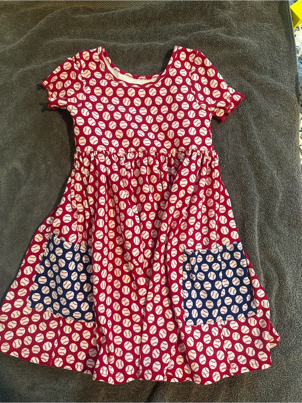 SweetHoney Red Baseball Print Dress with Navy Patch Pockets